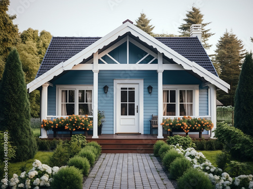 Serene blue cottage exterior, pleasing design. AI generative.