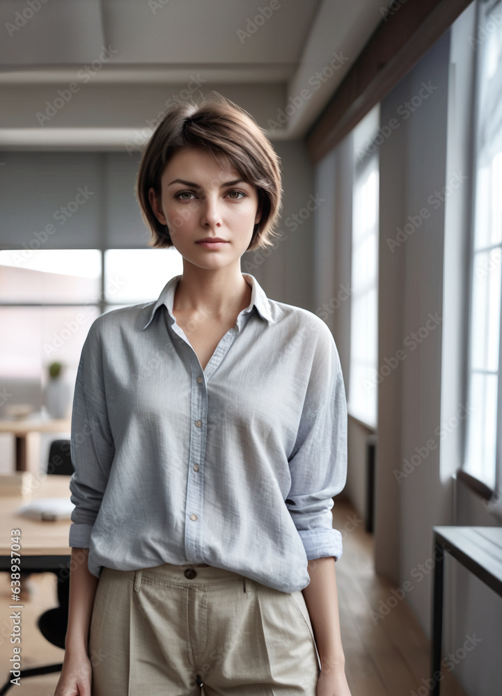 immagine di giovane donna in abbigliamento informale, ambiente di lavoro luminoso e spazioso alle spalle immagine di giovane donna in abbigliamento informale, ambiente di lavoro luminoso e spazioso alle spalle