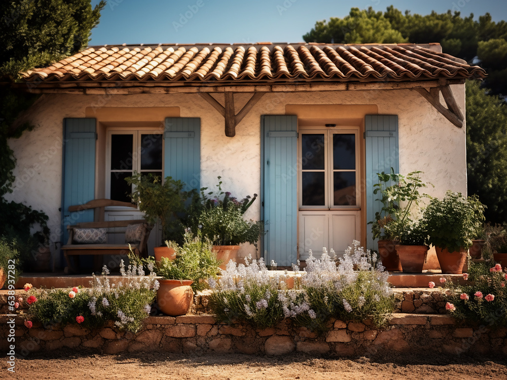 Rustic Provence cottage showcasing elegance. AI generative.