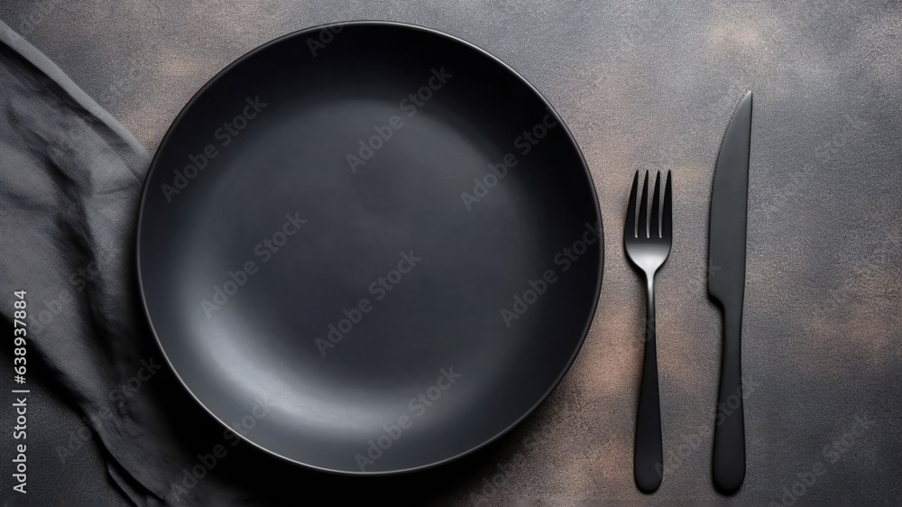 An empty black plate with cutlery on a dark concrete background with copy space An empty black plate with cutlery on a dark concrete background with copy space
