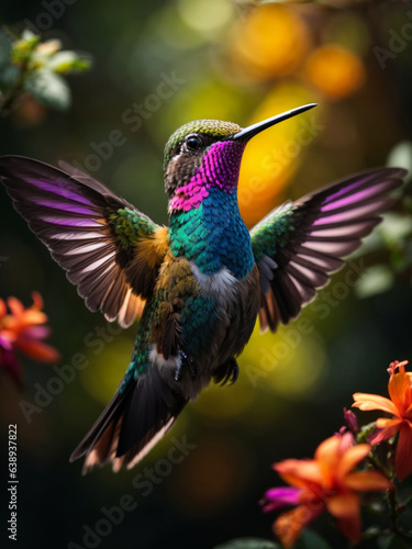 small hummingbird with it's wings spread, dramatic lighting effects, vibrant color combinations, time-lapse photograph