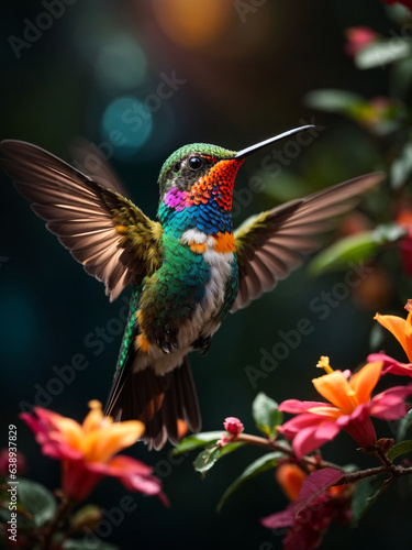 small hummingbird with it's wings spread, dramatic lighting effects, vibrant color combinations, time-lapse photograph