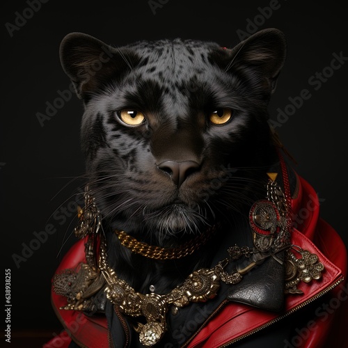 Portrait of a leopard in a jacket on a dark background. anthropomorphic leopard. generative ai photo