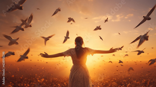 Woman praying and free the birds flying on sunset background  hope concept