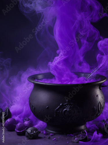 A cauldron of bubbling dark witchcraft candies, emitting a mysterious purple smoke