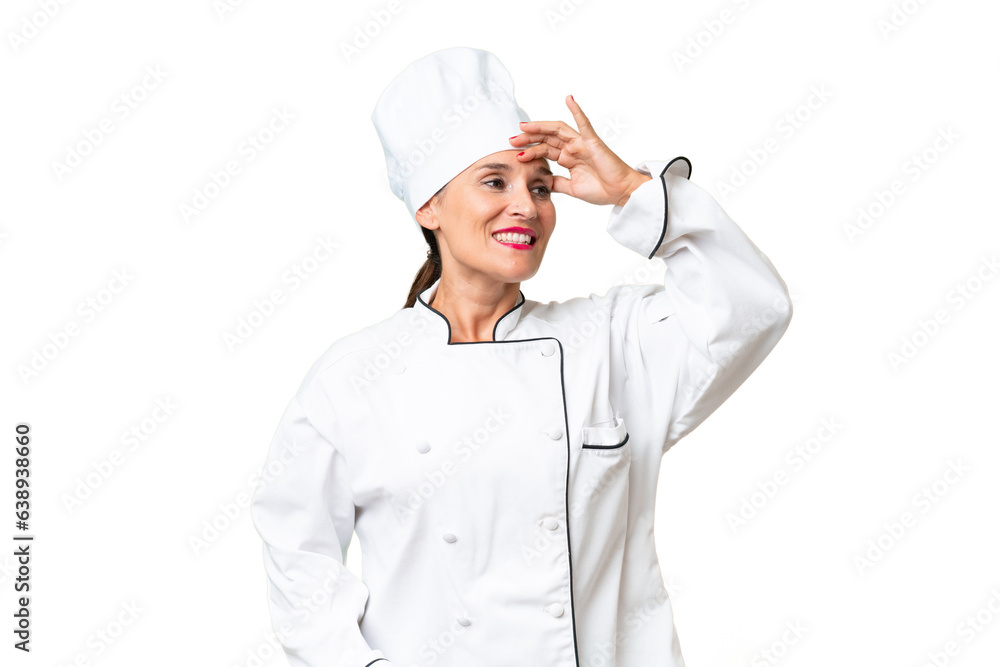 Middle-aged chef woman over isolated background has realized something and intending the solution Middle-aged chef woman over isolated background has realized something and intending the solution