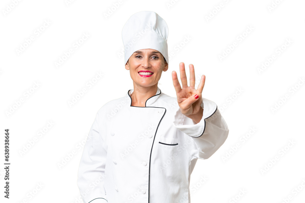 Middle-aged chef woman over isolated background happy and counting four with fingers Middle-aged chef woman over isolated background happy and counting four with fingers