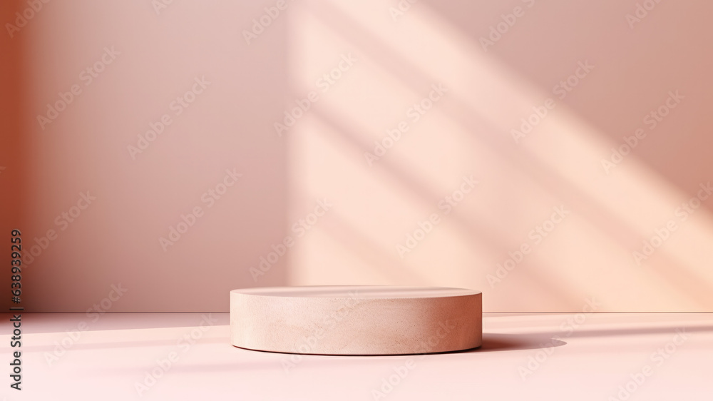 Mockup of an empty podium made of natural pink stone for products against a pink wall with shadows. 3D pedestal for demonstration or promotional purposes. Generative AI Mockup of an empty podium made of natural pink stone for products against a pink wall with shadows. 3D pedestal for demonstration or promotional purposes. Generative AI