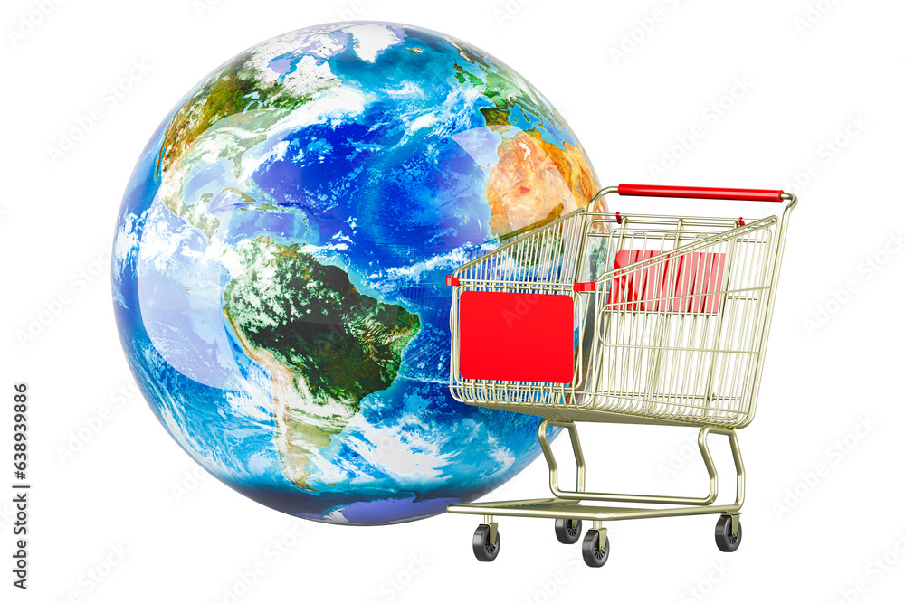 Shopping cart with Earth Globe. Global shopping concept, 3D rendering isolated on transparent background - obrazy, fototapety, plakaty 