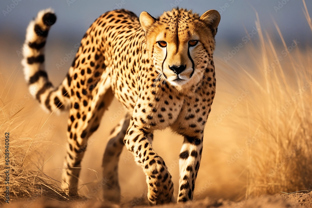 Cheetah stalking fro prey on savanna, digital art Cheetah stalking fro prey on savanna, digital art