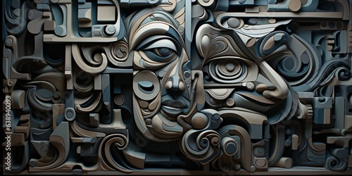 cubistic carved mask, abstract relief wall design