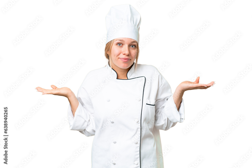 Young chef woman over isolated chroma key background having doubts while raising hands Young chef woman over isolated chroma key background having doubts while raising hands