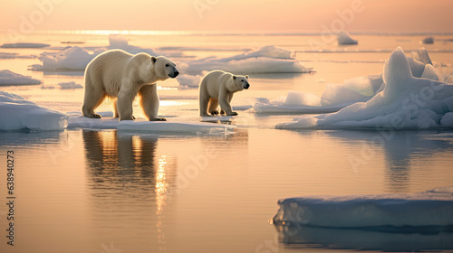 Fotografia polar bear mother and cub along ice floe in arctic ocean