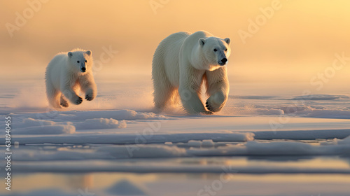 Polar bear with cub running on ice. generative ai