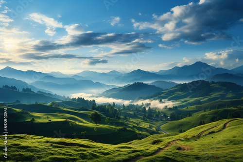 Beautiful Sunrise over the Green Mountains in Morning Light with fluffy clouds on a bright blue sky. Great countryside landscape
