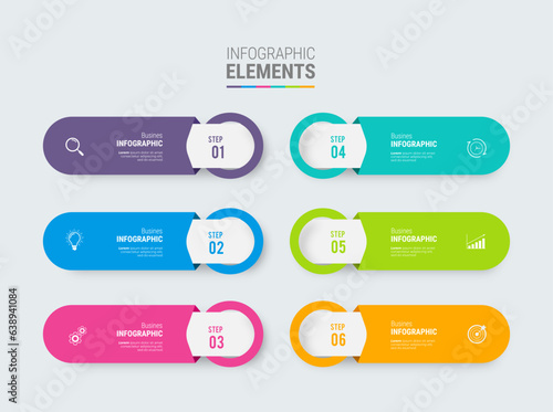 Concept with 6 steps in a row. Six colorful graphic elements. Timeline design for flyers, presentations. Infographic design layout