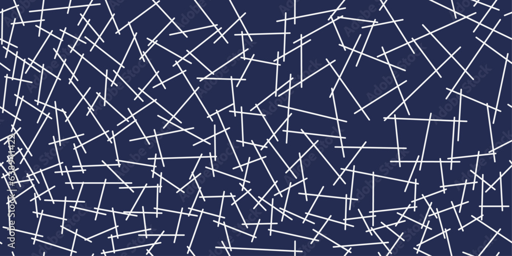 White sticks on a blue background, a repeating pattern of randomly placed sticks. For print, background, wallpaper, seamless surface.