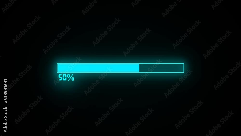 Cyan color loading bar animation . Processing 0 to 100 present.