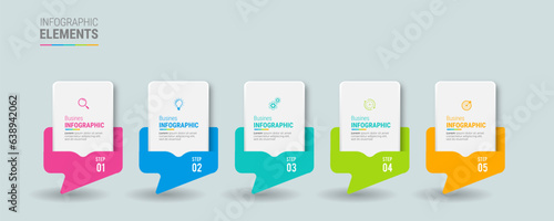 Concept with 5 steps in a row.  colorful graphic elements. Timeline design for flyers, presentations. Infographic design layout