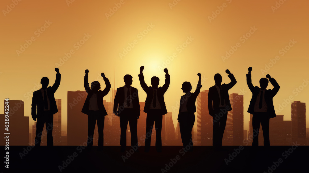Silhouette of Business People Celebrating a Win Against an Orange Background, Generative AI