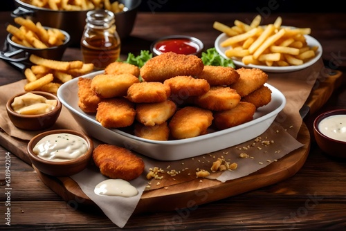 Seared breaded chicken nuggets with French fries on wooden table,