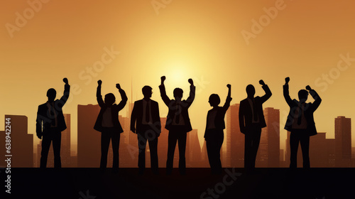 Obraz na płótnie Silhouette of Business People Celebrating a Win Against an Orange Background, Generative AI w salonie