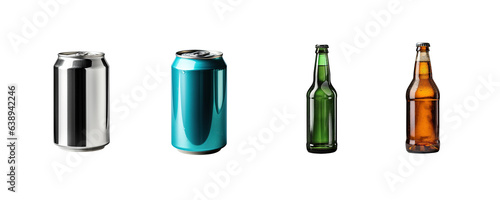 set with bottles of beer and soda cans isolated on transparent background. Generative Ai