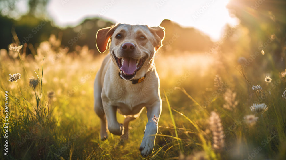 A playful Labrador retriever frolicking in the park, its glossy coat shining, tail wagging, and eyes filled with joy.