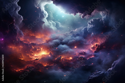 Abstract illustration  Colorful space galaxy cloud nebula. Stary night cosmos. Universe science astronomy. Supernova background wallpaper. Contrasting heaven and hell concept art