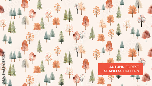 Cute watercolor drawing with autumn trees, autumn forest seamless pattern in soft colors. Autumn art background for season decoration, greetings, ads, fabric textile and packaging