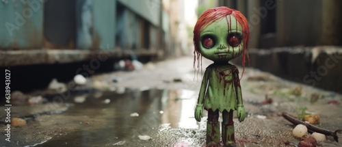 Comically cute creepy zombie doll toy with red hair, weird eyes and toxic green yellow skin, urban dystopia with distressed abandoned streets - generative AI