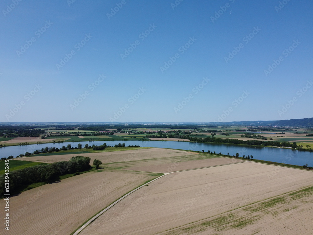 Danube river with dried up fields near Donau and the lock in Geisling,