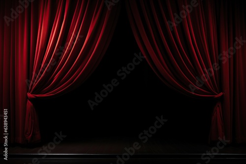 Opened theatre curtains. Empty stage with black background. Copy space, add image. Generative Ai