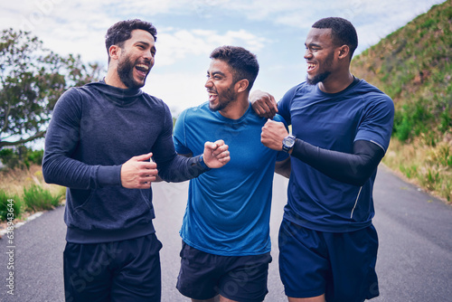 Happy, men laughing and friends with smile for fitness, workout and running outdoor with a handshake. Exercise, training and sports with funny joke and comedy on road with athlete and wellness