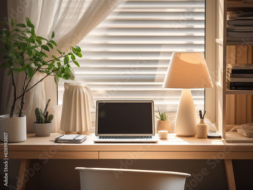 Elegant beige office featuring muted tones. AI generative. © Llama-World-studio