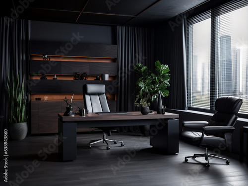 Sleek black office with contemporary design. AI generative.
