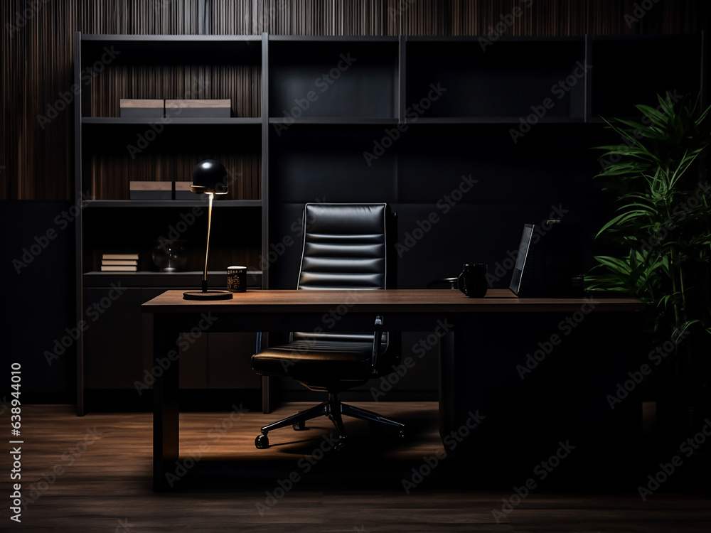 Dark wood office interior with a sumptuous appeal. AI generative. Dark wood office interior with a sumptuous appeal. AI generative.