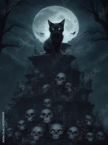 dark sketche of A spectral cat with a sinister grin  perched atop a pile of skulls in a moonlit graveyard