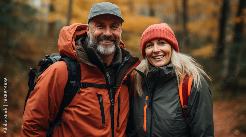 Smiling Middle Age Couple Enjoying Autumn Hike Smiling Middle Age Couple Enjoying Autumn Hike