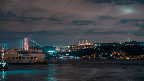 Istanbul Bosphorus Bridge and waiting ferries. Istanbul T  rkiye