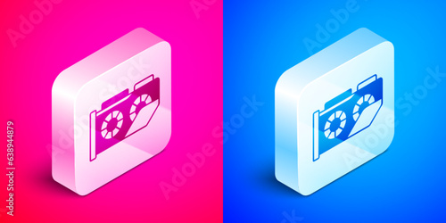Isometric Video graphic card icon isolated on pink and blue background. Silver square button. Vector