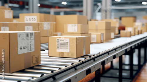 Cardboard box packages on moving conveyor belt in delivery warehouse fulfillment center.