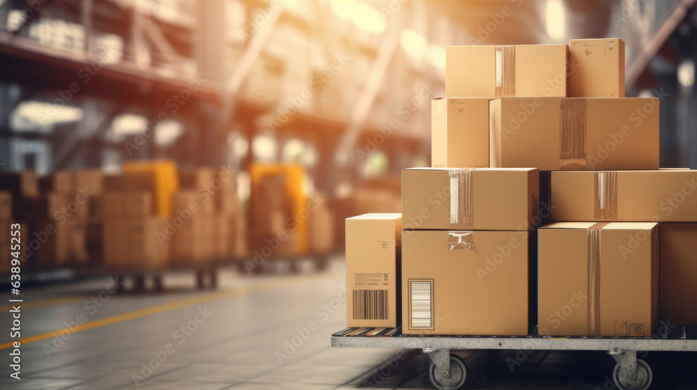 © ReneLa/Peopleimages - AI - Cardboard box packages on trolley. Logistics and distribution service © ReneLa/Peopleimages - AI - Cardboard box packages on trolley. Logistics and distribution service