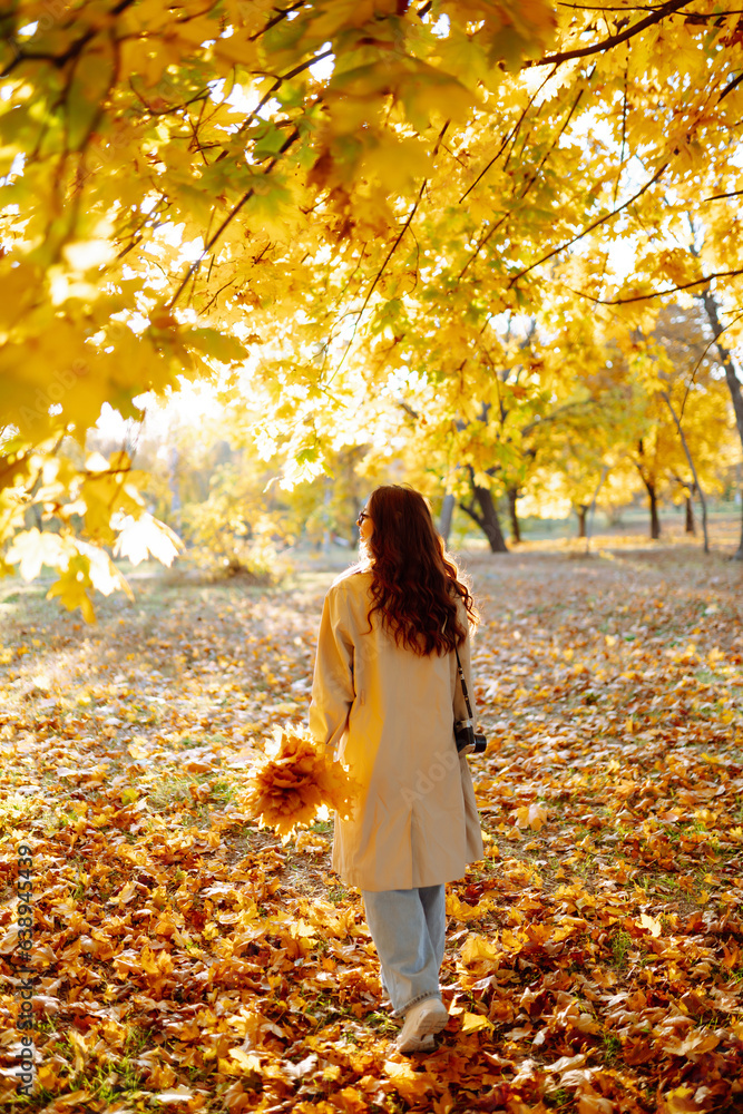 In the autumn park, a happy woman in stylish clothes and a camera is having fun among the fallen leaves. Smiling tourist woman enjoys warm sunny weather in autumn season. In the autumn park, a happy woman in stylish clothes and a camera is having fun among the fallen leaves. Smiling tourist woman enjoys warm sunny weather in autumn season.