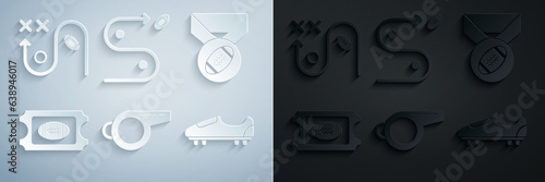 Set Whistle, American Football ball with medal, ticket, Soccer or football shoes spikes, Planning strategy concept and icon. Vector