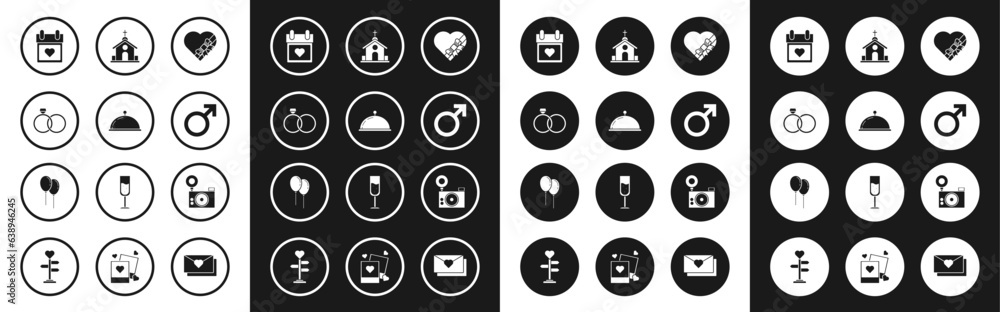 Set Candy in heart shaped box and bow, Covered with tray of food, Wedding rings, Calendar, Male gender symbol, Church building, Photo camera and Balloons ribbon icon. Vector Set Candy in heart shaped box and bow, Covered with tray of food, Wedding rings, Calendar, Male gender symbol, Church building, Photo camera and Balloons ribbon icon. Vector