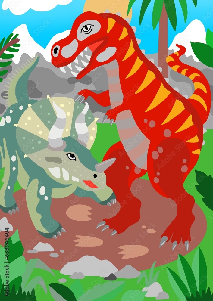 Naklejka premium Dinosaurs T Rex and Triceratops 