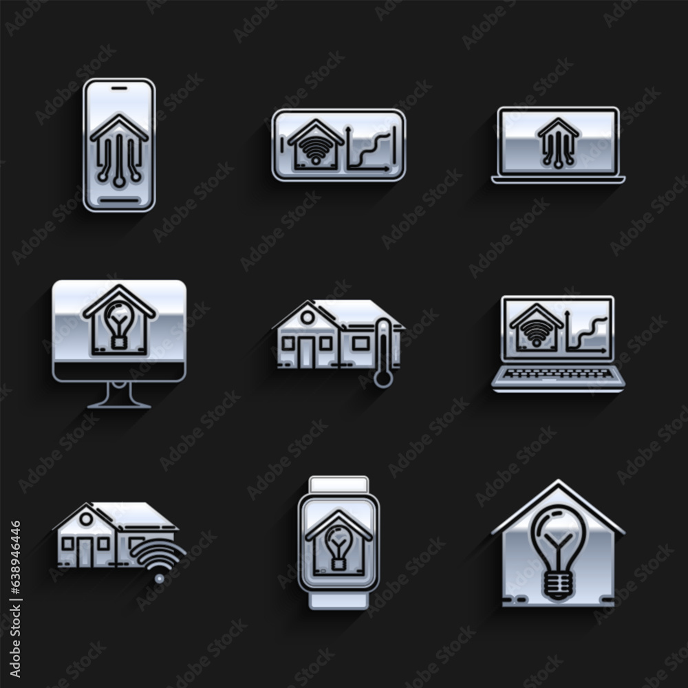 Set House temperature, Smart watch with smart house and light bulb, Laptop home wi-fi, Computer monitor, and Mobile phone icon. Vector