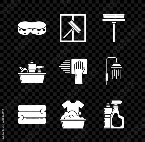 Set Sponge, Squeegee, scraper, wiper, Towel stack, Plastic basin with soap suds, bottles for liquid dishwashing liquid, and Cleaning service icon. Vector