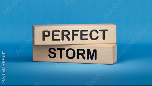 Perfect storm symbol. Concept words Perfect storm on beautiful wooden stick.Business and Perfect storm concept. Copy space.3D rendering on blue background.
